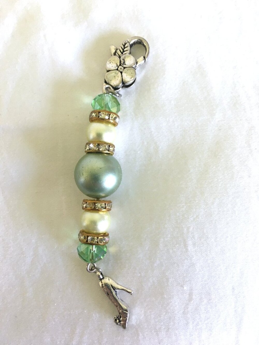 Purse Charm / Keychain – Green Crystal & Pearl Beads with Silver Shoe Charm